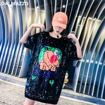 

Night Club Womans Runway Printed Sequined Long T-shirt Tops 2019 Newest Women Cut Cartoon Pattern Short Sleeve Loose T Shirts