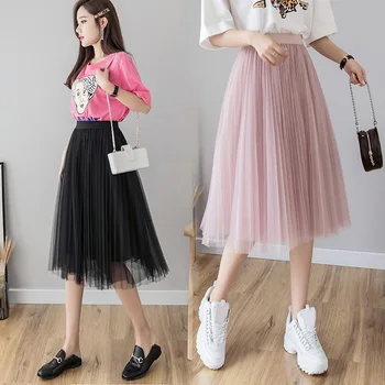 

Womens Midi Pleated Skirt Black Pink Tulle Skirt Women Spring Summer Korean Elastic High Waist Mesh Tutu Skirt Tulle Skirts