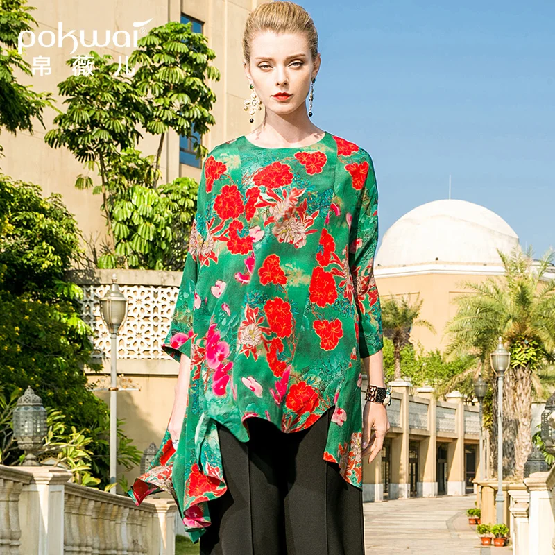 POKWAI Повседневное цветочный летний шелковая блузка рубашка Для женщин Мода 2018 Новый высокое качество с рукавами «летучая мышь» О-образным