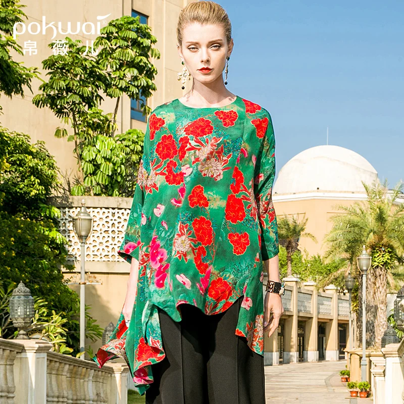 POKWAI Casual Floral Summer Silk Blouse Shirt Women Fashion 2018 New High Quality Batwing Sleeve O-Neck Spliced Chiffon Tops |