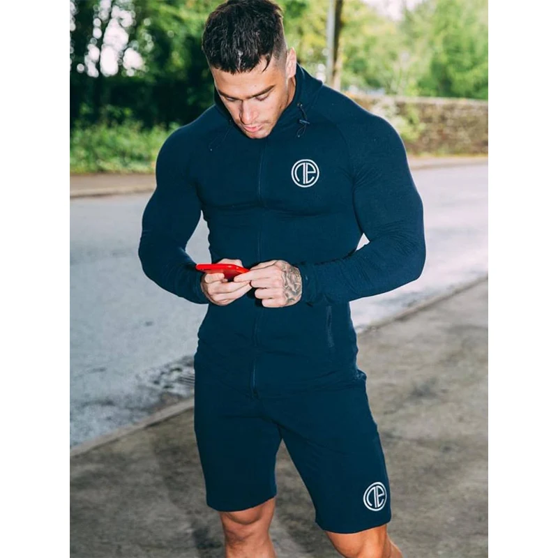 Summer Men's Sets Long Sleeve Zipper Tops+Shorts Two Pieces Sets Casual Tracksuit Male 2019 Muscle Gyms Fitness trousers men