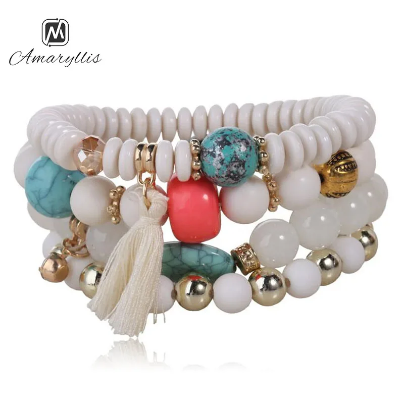 

Amaiyllis Bohemia Stone Beads Statement Strand Bracelet Bangle For Women Vintage Charms Bracelets 4 PC/Set Wristband Bracelets