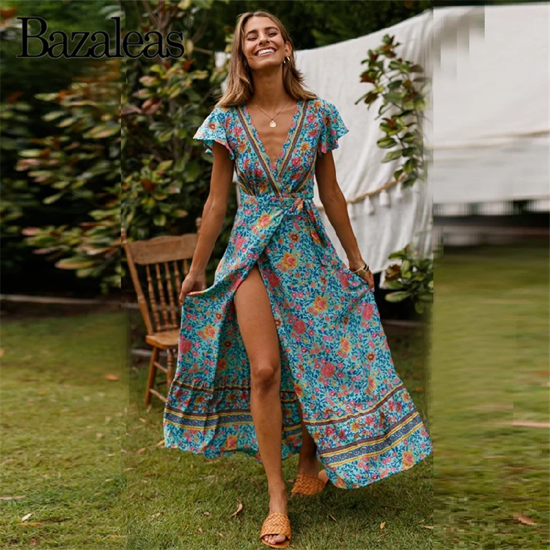 

Bohemian summer Dress Vintage Dresses V Neck Midi vestidos Floral printed wrap dress Fashion tie in side