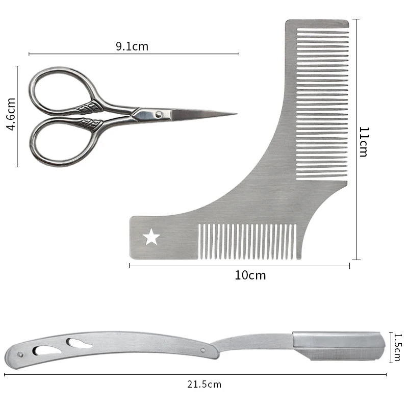 Набор для ухода за бородой, расческа-бритва, ножницы, лезвия для бритвы, набор для укладки бороды для мужчин, уход за волосами, нержавеющая сталь, идеально подходит для мужчин, набор для ухода за бородой