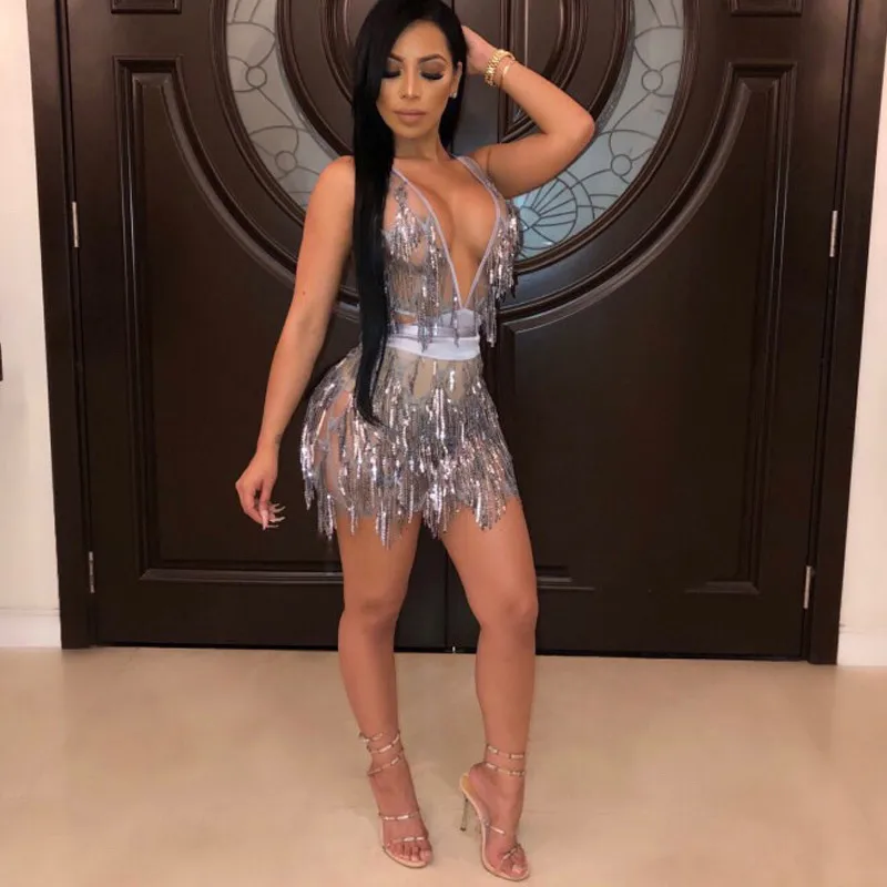

Women Stunning Tassel Sequin Mini Dress Top Dress Grey Sequin Bandage Party Dresses Slim Lady Clubnight Sexy Dress vestido