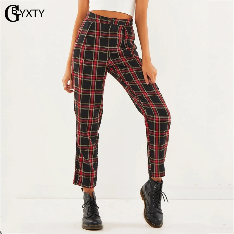 GBYXTY pantalones mujer осень-зима хлопок в красную клетку прямо лодыжки-Длина штаны