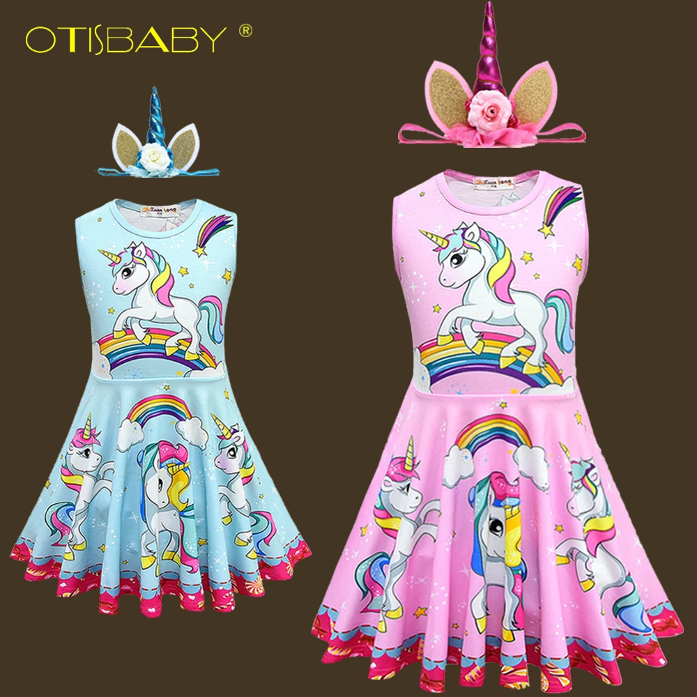 Летнее нарядное платье с единорогом для детей, Рождественский карнавальный костюм, розовое, синее детское Повседневное платье без рукавов, Радужное платье, повязка на голову