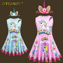 Летнее нарядное платье с единорогом для детей, Рождественский карнавальный костюм, розовое, синее детское Повседневное платье без рукавов, Радужное платье, повязка на голову