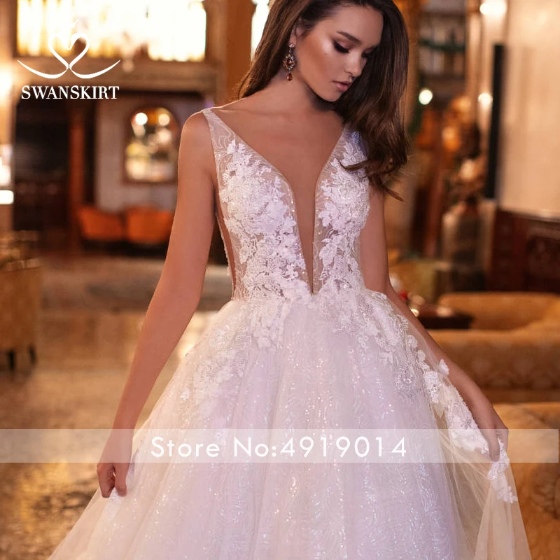 Swanskirt роскошное свадебное платье с v-образным вырезом на спине и аппликацией бальное платье с цветами, платье для невесты принцессы, Robe De Mariage I148