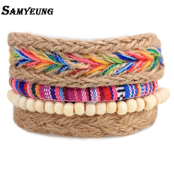 #*Cheap Samyeung 4Pcs Vintage Nepal Multilayer Bracelets for Women Leather Rainbow Bracelet Male Braclet Men Braslet Bulgaria Jewelry