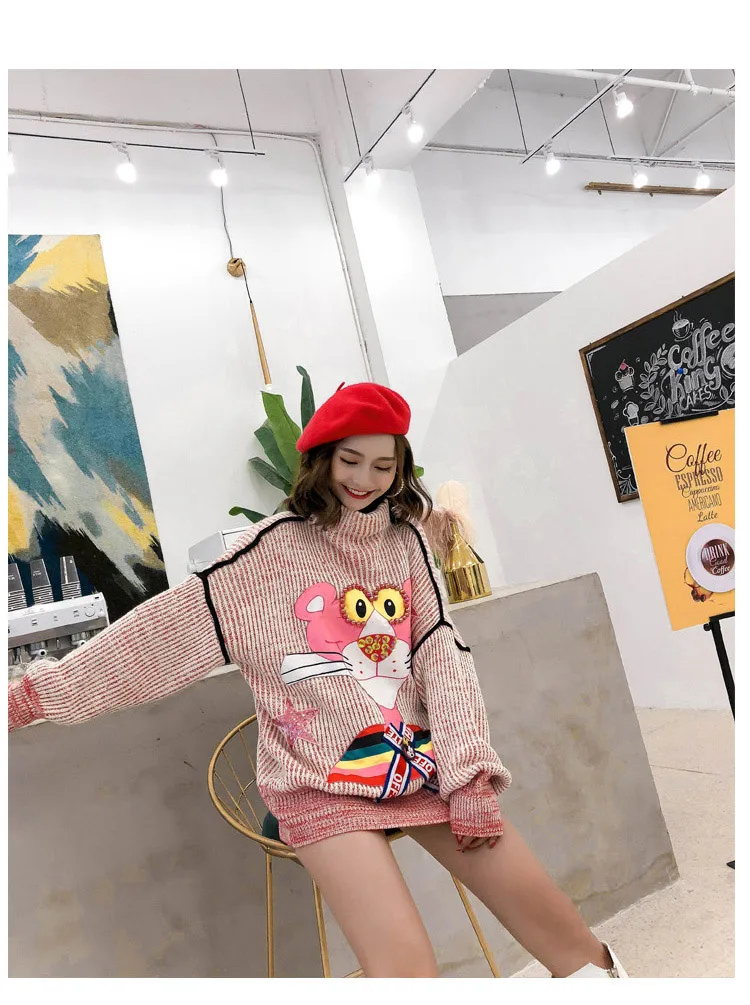 Тренд-сеттер зимний розовый свитер женский Блестки мультфильм леопардовые пуловеры длинный рукав вязаный свитер с бантом
