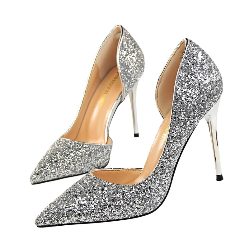 BIGTREE/женские туфли-лодочки; шикарные женские туфли-лодочки на высоком каблуке; блестящие туфли на высоком каблуке; женские пикантные свадебные туфли; цвет золотистый, серебристый - Цвет: silver
