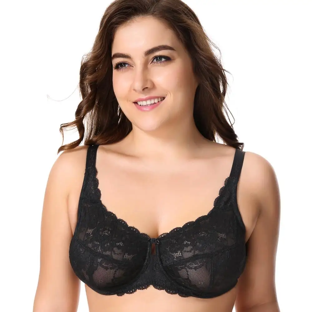 Women's Sheer Lace Unlined Minimizer Underwire Full Figure Bra 34-44 DD E F G H