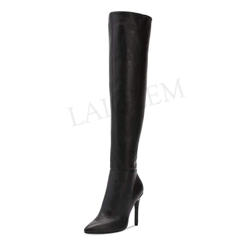 

LAIGZEM Women Over Knee Boots Black Smooth Side Zip Stiletto Heels Boots Faux Leather Pointy Toe Botines Mujer Big Size 4-14