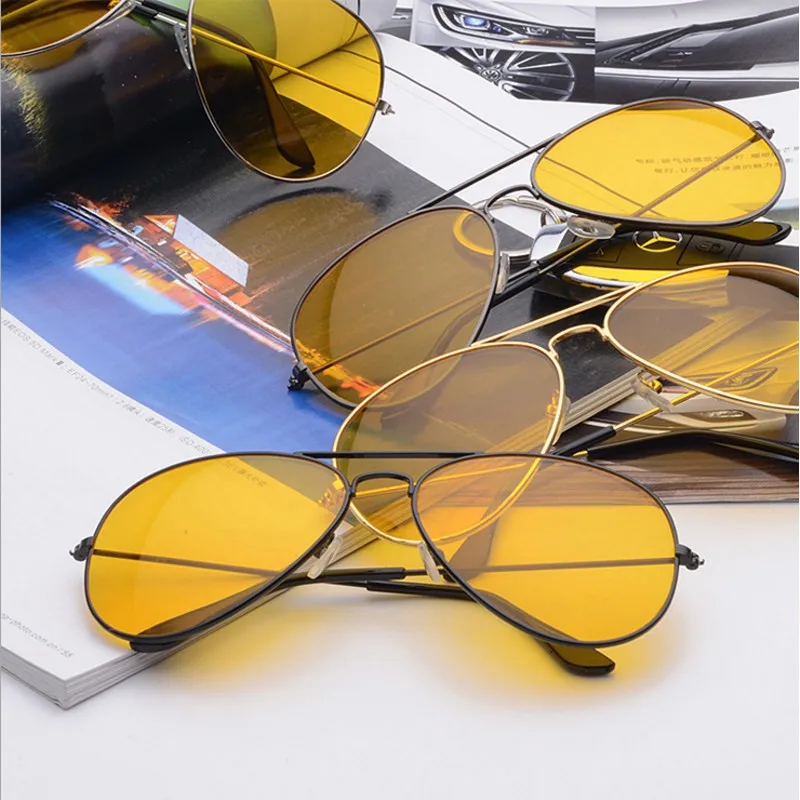 Солнцезащитные очки ночного видения, очки для вождения, поляризационные солнцезащитные очки с антибликовым покрытием, желтые линзы, золотая металлическая оправа, мужские и женские очки