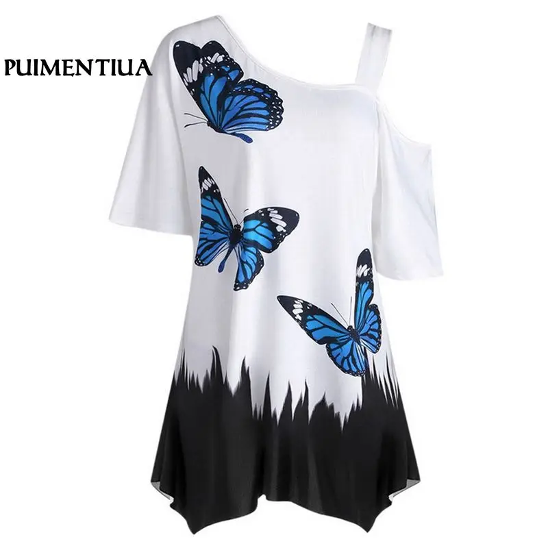 

Puimentiua 2019 Summer Off Shoulder Women Loose T-Shirt Long Sleeve Butterfly Print Irragular T Shirt Top Female Tunic Tee