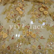 5 ярдов HT612 желтый жемчужный горный хрусталь блесток расшитый французский фатин прозрачная Французская ткань для торжественное платье/вечернее платье, через dhl