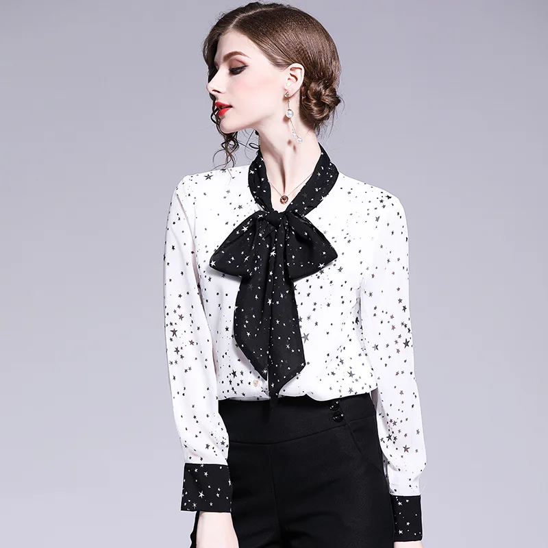Новые весенне-летние женские элегантные шифоновые блузки с воротником-бабочкой и принтом звезды женские рубашки и топы для работы в офисе