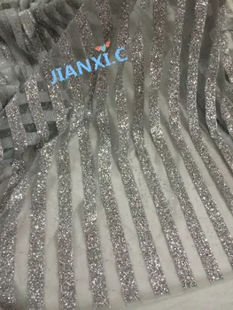 

sat-168 New style French net lace fabric in silver with glued glitter