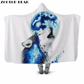

Galaxy Wolf&Moon 3D Printed Plush Hooded Blanket for Adult Youth Warm Wearable Couch Fleece Throw Blanket Home Office Washable