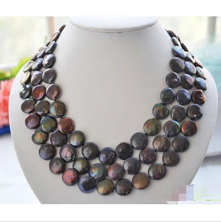 

P4031 3row 21" 14mm black coin freshwater pearl necklace ^^^@^Noble style Natural Fine jewe FREE SHIPPING