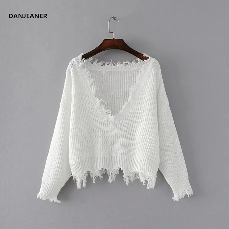

Danjeaner Tassel Deep V Knitted Pullover Female Autumn Winter White Long Sleeve Knit Crochet Sweater Women Cropped Jumper Pull