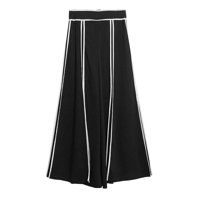 Super Fashion Women Loose Wide Leg Pants Casual Slit Contrasting Color Black White Wide Leg Trousers