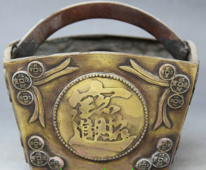 

136@g++6" Marked Chinese Folk Copper FengShui Wealth Coin Food Bucket Sheng Dou Crock statue