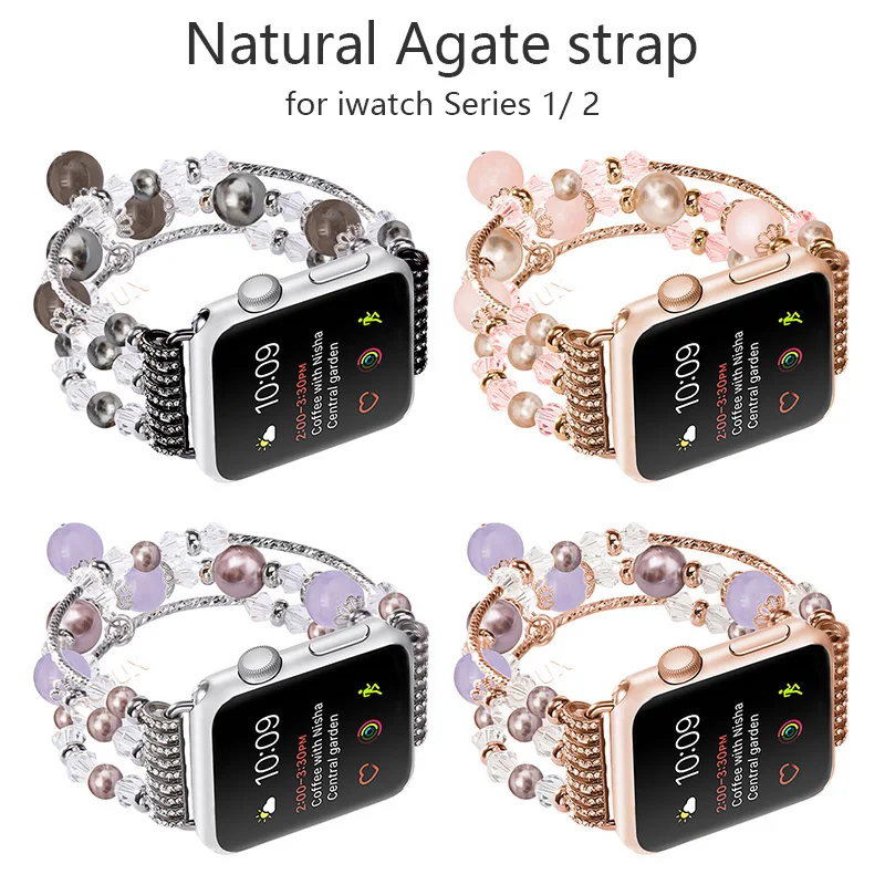 Kopen FOHUAS Highquality Natuurlijke Grijze agaat band voor Apple horloge Vervanging pols vrouwen fashion Wrist Strap Met Adapters 38mm 42mm