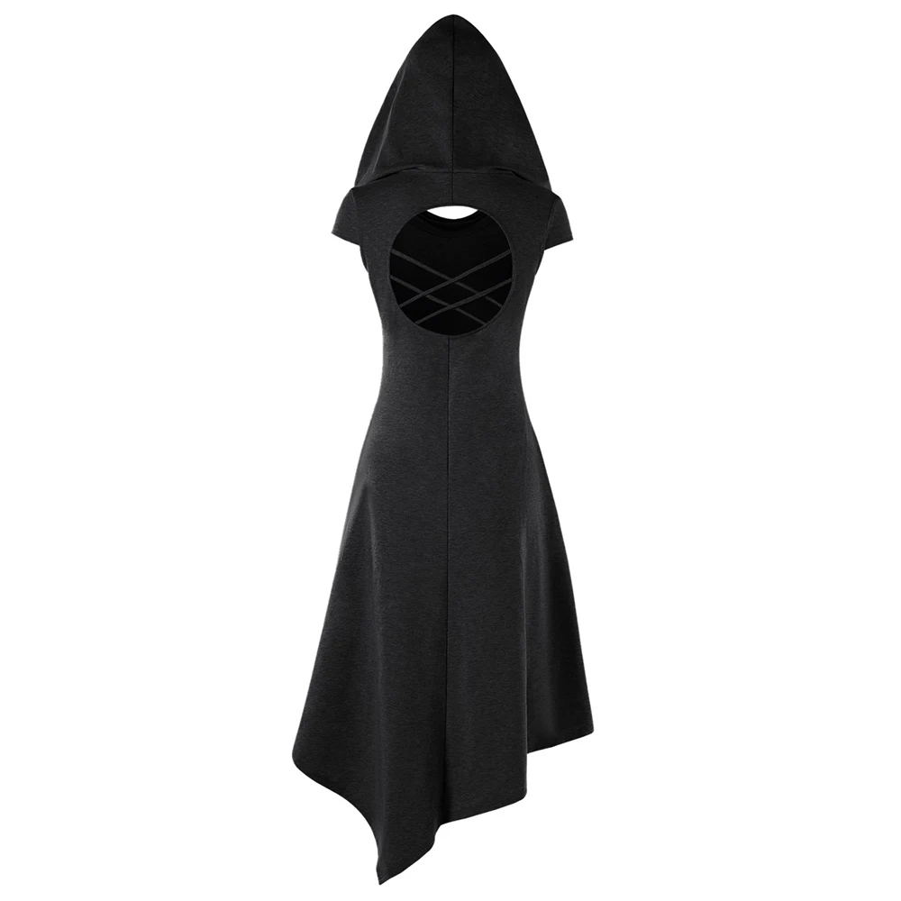 VESTLINDA Asymmetrical Hooded Cut Out Midi Dress Women Dress Summer Hooded Short Sleeves Solid Colors Dresses Vestido De Festa 7