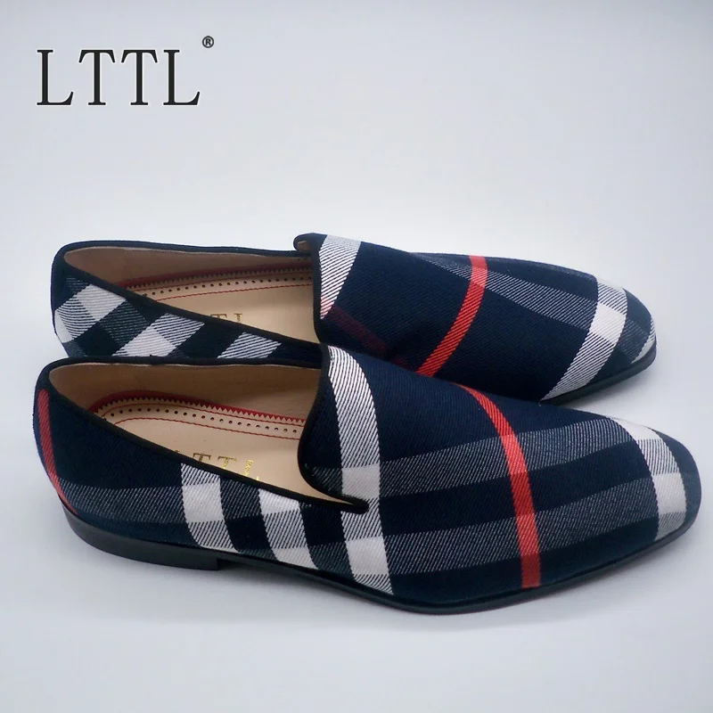 LTTL Mixed-color Plaid Canvas Shoes High Quality Square Toe Slip On Men Loafers Plus Size Summer Fashion Mens Shoes Casual Flats