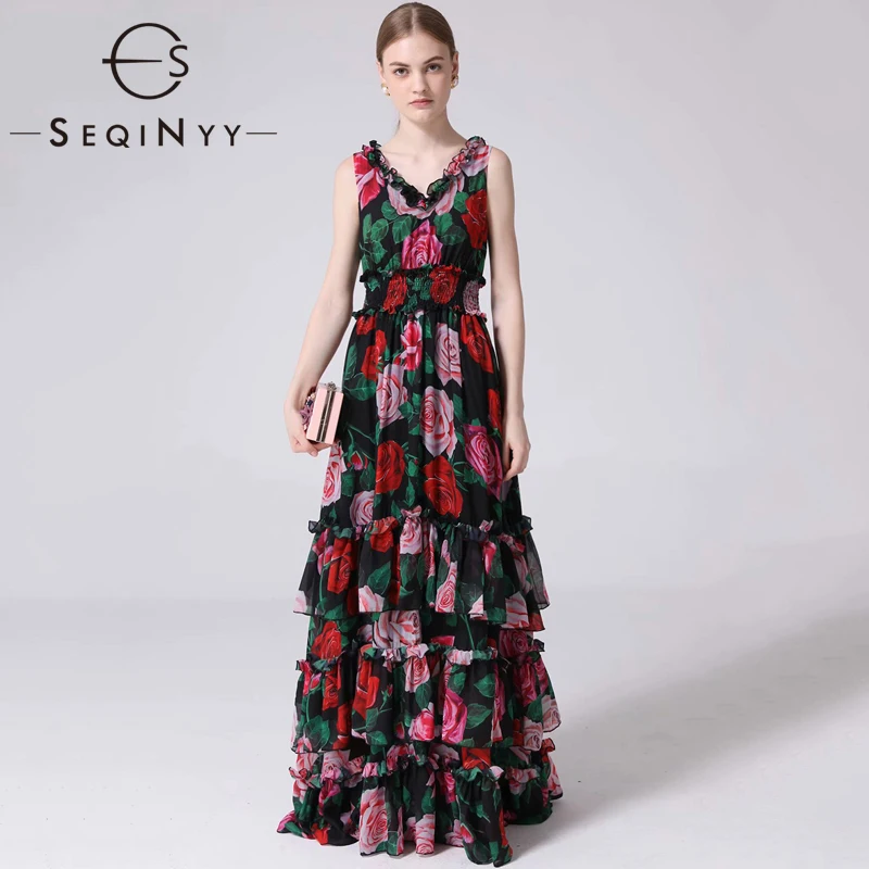 

SEQINYY Elegant Long Dress 2019 Summer New Fashion Design Rose Flowers Printed Elastic Waist Cascading Ruffles Maxi Dress Women