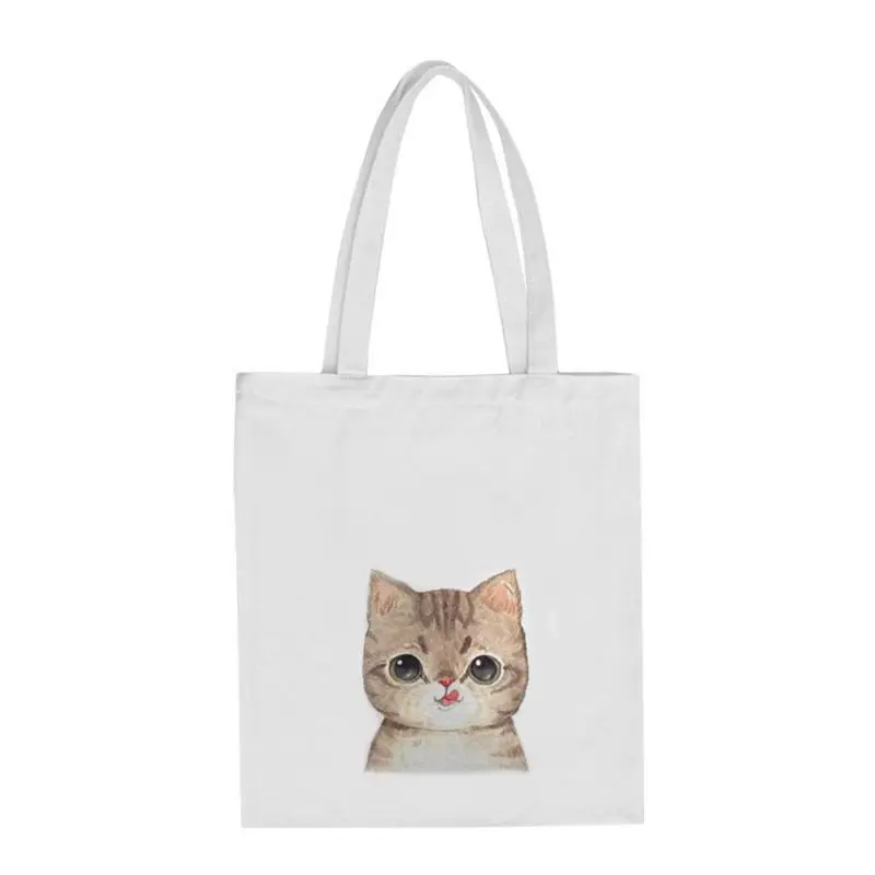 Женская Холщовая Сумка на плечо с милым рисунком кота, сумки-тоут, хозяйственные сумки - Цвет: A