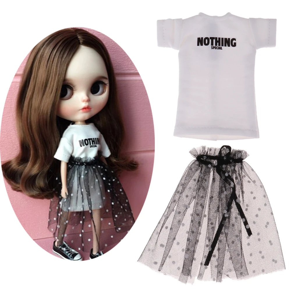 Stylish Long T-shirt Polka Dots Gauze Skirt Set for Blythe Azone Licca Dolls Clothing Accessories