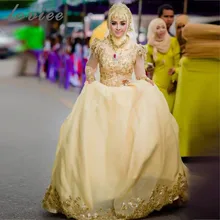 Gold Muslim Long Sleeves Wedding Dress 2017 A-Line Hijab Bridal Gowns Princess Appliques Trouwjurken vestidos de casamento
