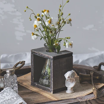 

Pastoral style Geometric Glass Wood Flowe Vase Home Wedding Decoration Vintage Style Table Flowerpot For Livingroom Balcony