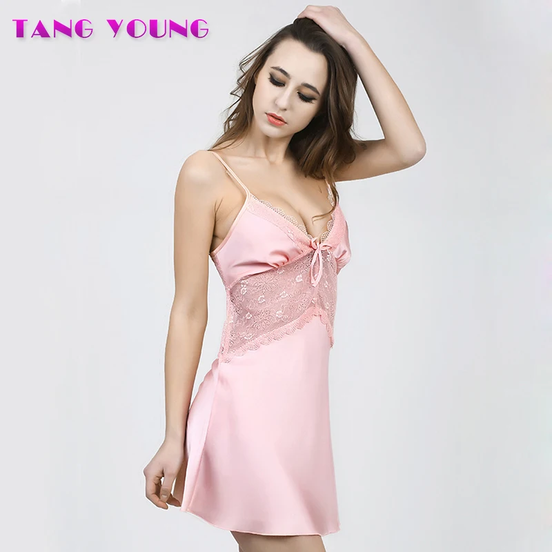 Women's summer Lace sleep tops sexy short satin deep v sleepwear lace