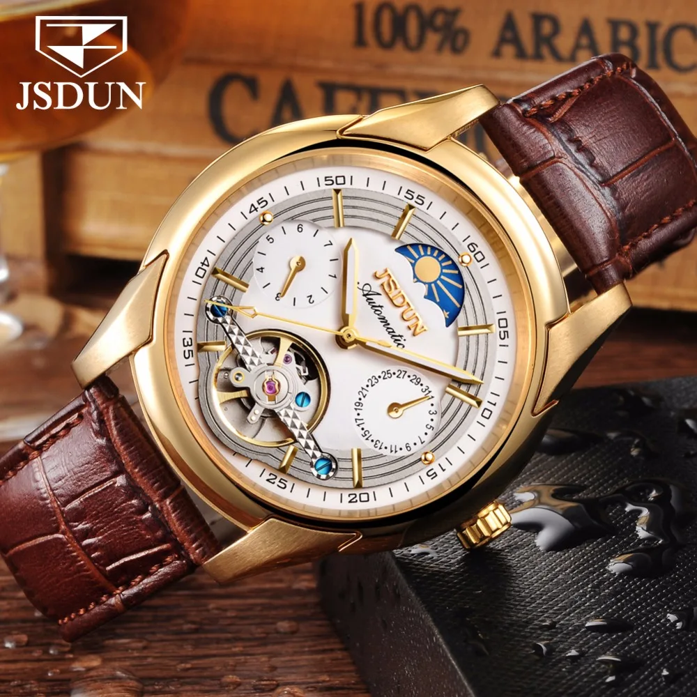 Automatic Mechanical watch men leather JSDUN Moon phase Mens Watches Top Brand Luxury Classic Business Gold Male Wrist Watch NEW Automatic Mechanical watch men leather JSDUN Moon phase Mens Watches Top Brand Luxury Classic Business Gold Male Wrist Watch NEW