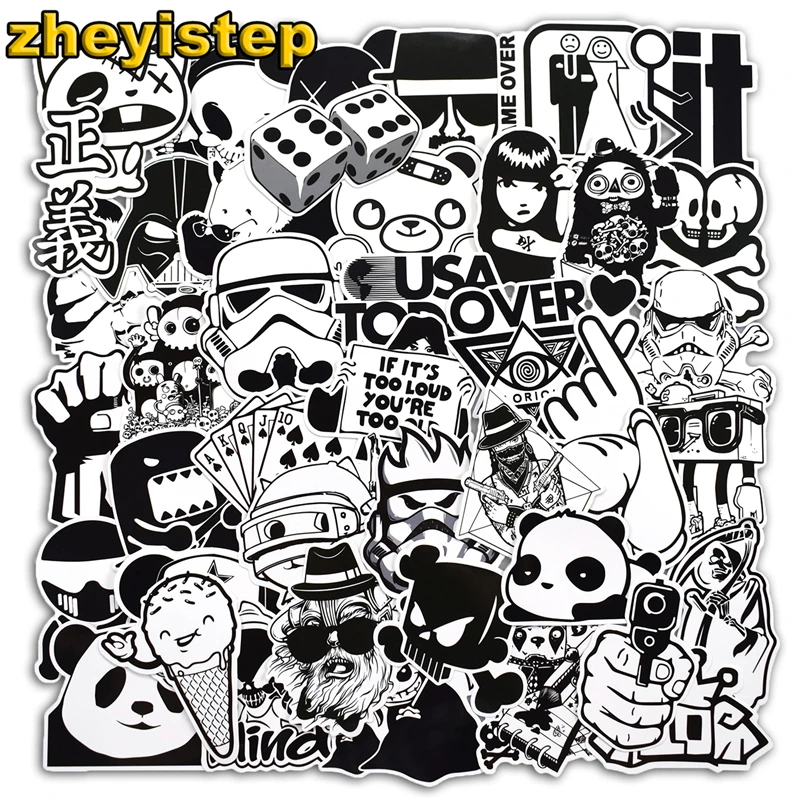 

100 Pcs Black and White Stickers Graffiti Sticker for Laptop Skateboard Luggage Guitar Bike Cool Brand PVC Waterproof Stickers