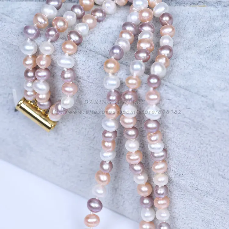 Daking 6-7mm Genuine Natural White & Pink & Purple Akoya Cultured Pearl Necklace 18,3 Rows Pearl Necklace