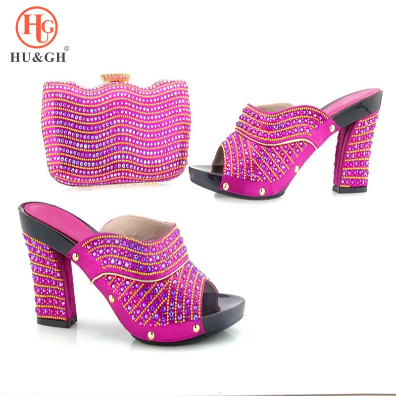 

High Quality Elegant Rose Red Shoes And Purse Set Italian Style Women High Heels African Shoes And Bag For Party Wedding Dress