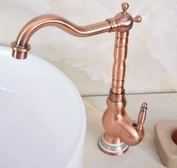 Antique Red Copper Brass Single Ceramic Base Bathroom Kitchen Basin Sink Faucet Mixer Tap Swivel Spout Deck Mounted mnf643