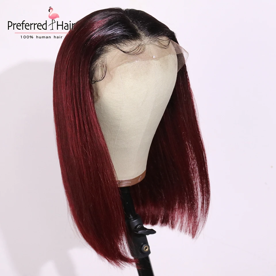 Парики из бордового кружева спереди бразильские волосы remy 1B/99j Омбре человеческие волосы парик с волосами младенца 14 дюймов Короткие