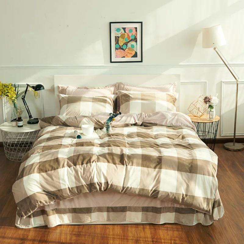 3 4pcs Fleece Warm Plush Plaid Stripe Bedding Set Winter Flannel