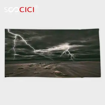 

Custom Microfiber Ultra Soft Bath/hand Towel,Lake House Decor Lightning Flashes across the Sandy Beach from A Powerful Storm