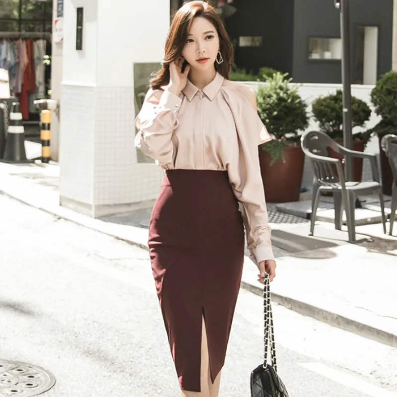 

2019 Autumn Off Shoulder Full Sleeve Loose Blouse Shirt Midi Pencil Bodycon Skirt Two Piece Sets OL Work Sexy Suit Dress