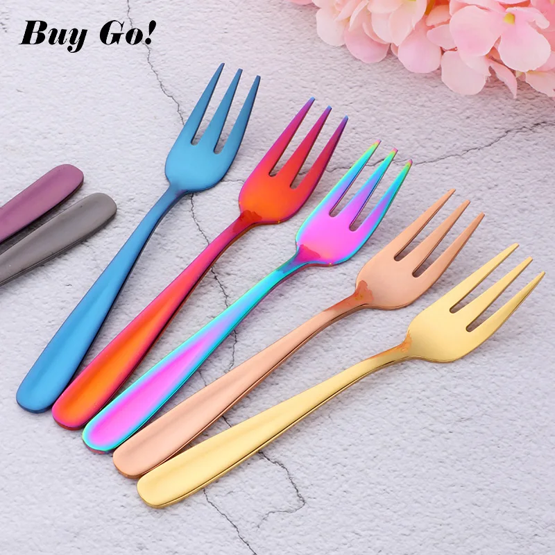 

2Pcs/set Stainless Steel Rainbow Mini Cake Fruit Fork Dinner Salad Fork Tableware Black Gold Dessert Fork Server Dinnerware Set