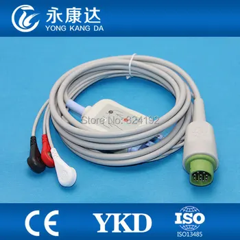 

2pcs/pack Free shipping For 10pin one piece 3-lead patient ECG cable with AHA Snap leadwires