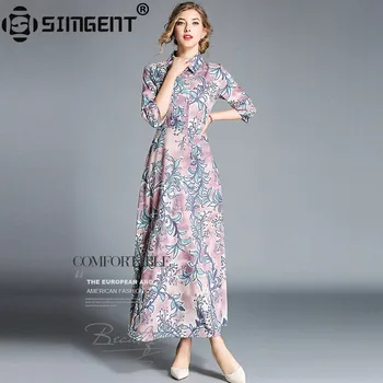 

Simgent Maxi Women Dress Autumn Three Quarter Sleeve Turn Down Collar Blouse Elegant Casual Printing Long Dress Vestidos SG8864