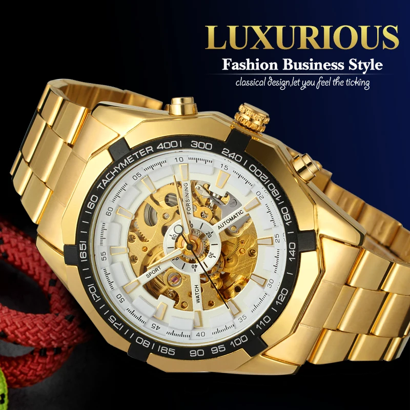 Forsining Luxury Gold Automatic Men Watches Full Steel Bracelet